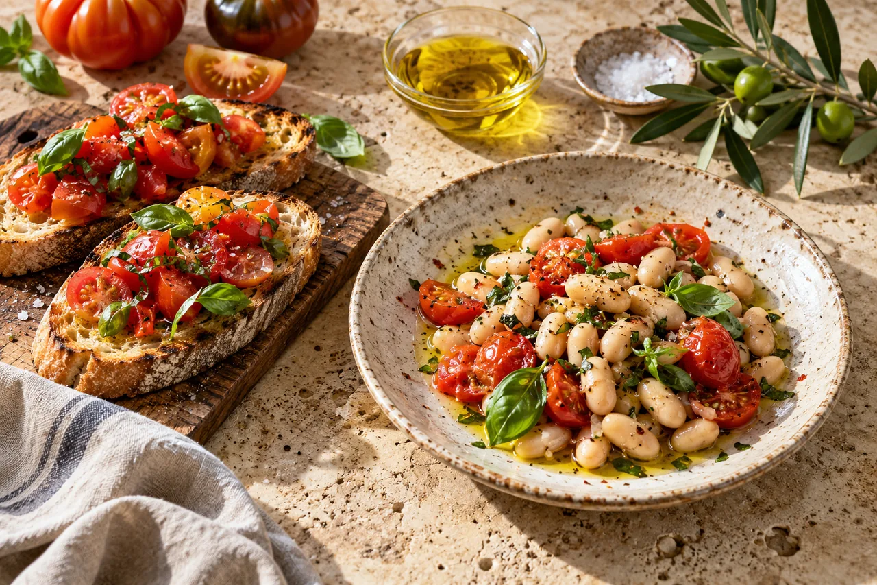 Pane, verdure e olio sulla tavola
